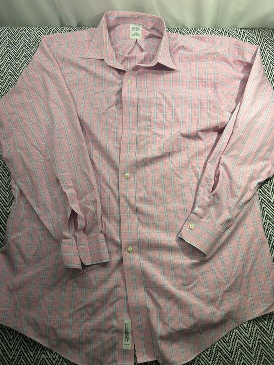 Brooks Brothers Mens Button-Down Shirt Pink & Blue Plaid 17-34 Slim Fit - Picture 3 of 3
